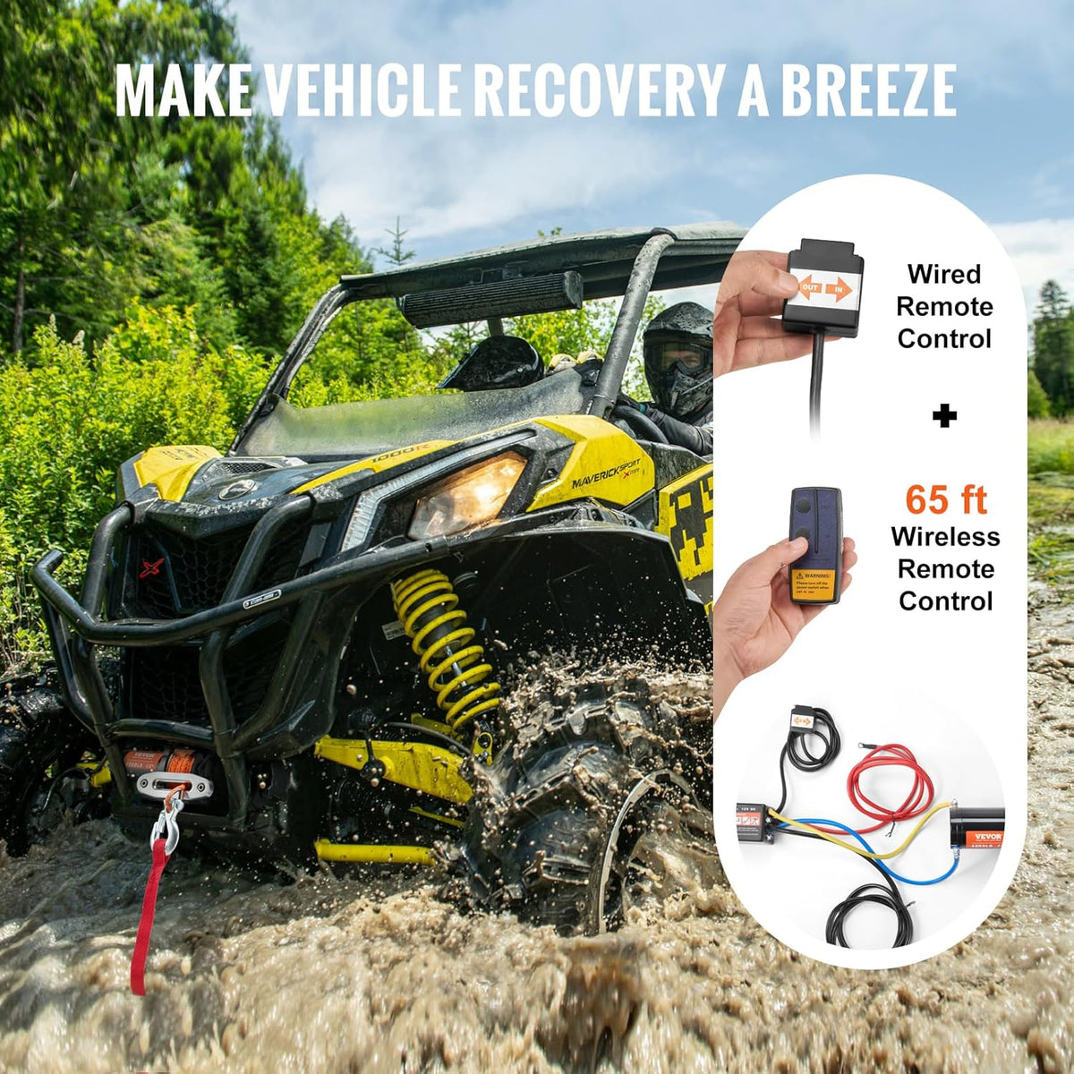VEVOR Kabellier 12 V, 2041 kg, elektrische lier 12 V DC voor terreinvoertuigen/UTV's, motorlier met 12-strengs synthetisch touw (diameter 0,6 x 1188,7 cm), aluminium kabelgeleiding