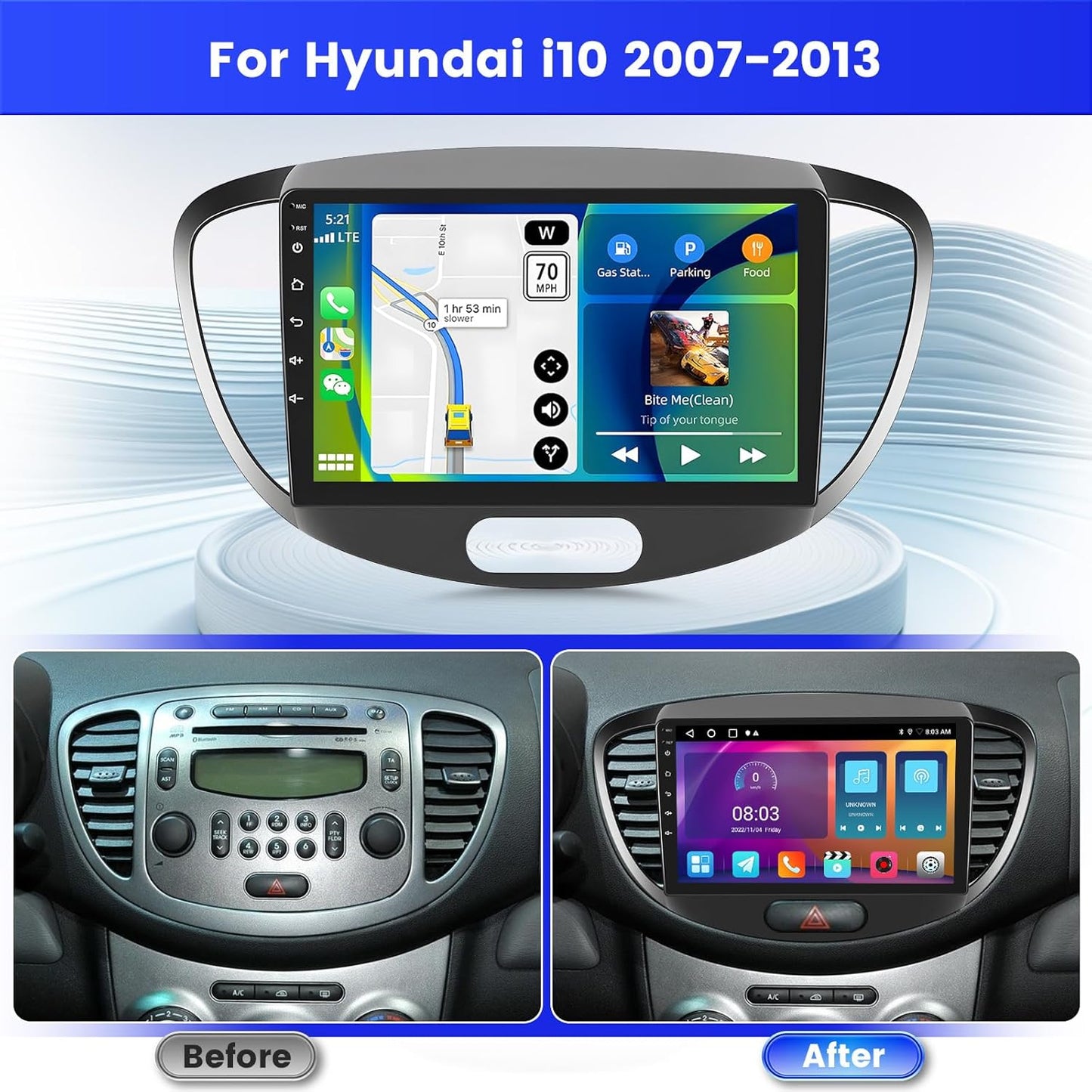 Autoradio voor i10 2007-2013 – Autoscherm – Android autoradio – CarPlay radio – Navigatiescherm – 9 Inch – 2GB/64GB – Draadloze CarPlay en Android Auto
