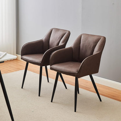 TUKAILAI Eetkamerstoelen, set van 2 met armleuningen, kunstleer, gestoffeerd, rugleuning, metalen poten, loungeontvangst, eetkamer, keuken, woonkamer, 2 stuks, bruin