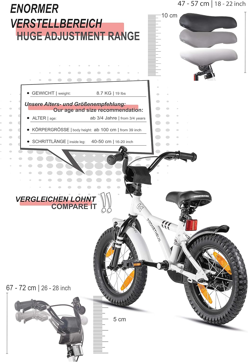 PROMETHEUS BICYCLES kinderfiets 14 inch fiets jongens meisjes van 4 jaar oude met zijwieltjes terugtraprem in wit BMX