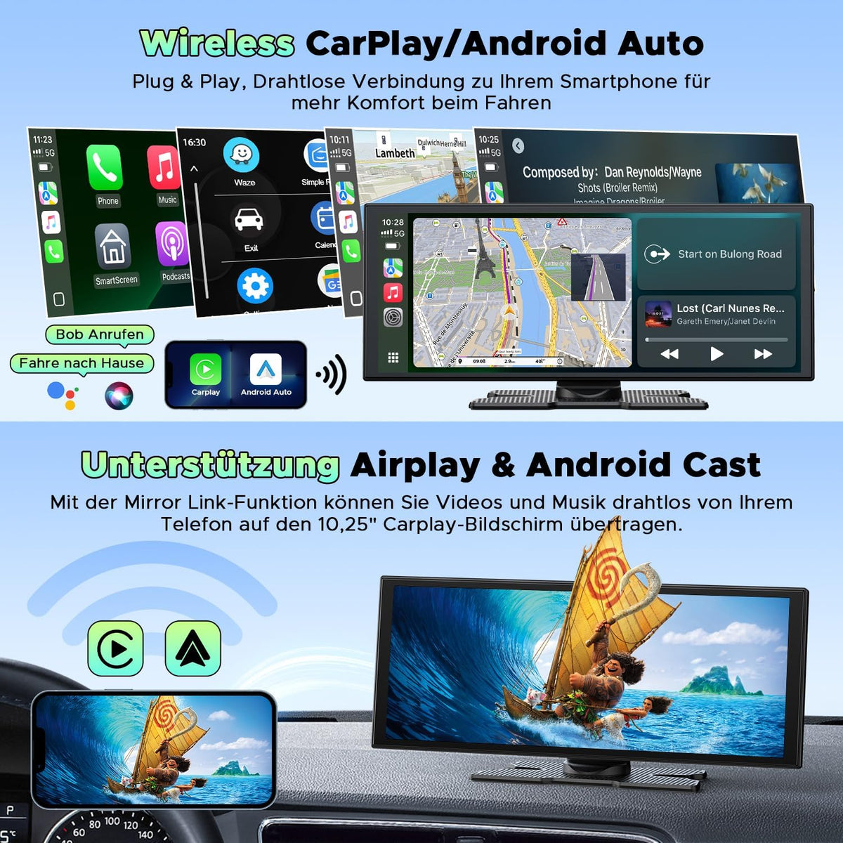Draadloos CarPlay Display – Android Auto Scherm – Autoradio Touchscreen – Auto Multimediasysteem – In-Car Entertainment – 10,25 Inch In-Cell Touchscreen – Voor- en Achter Dashcam 2.5K + 1080p