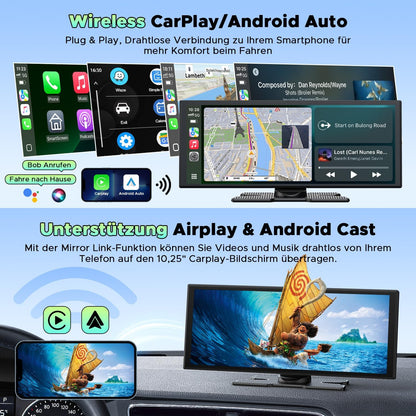Draadloos CarPlay Display – Android Auto Scherm – Autoradio Touchscreen – Auto Multimediasysteem – In-Car Entertainment – 10,25 Inch In-Cell Touchscreen – Voor- en Achter Dashcam 2.5K + 1080p