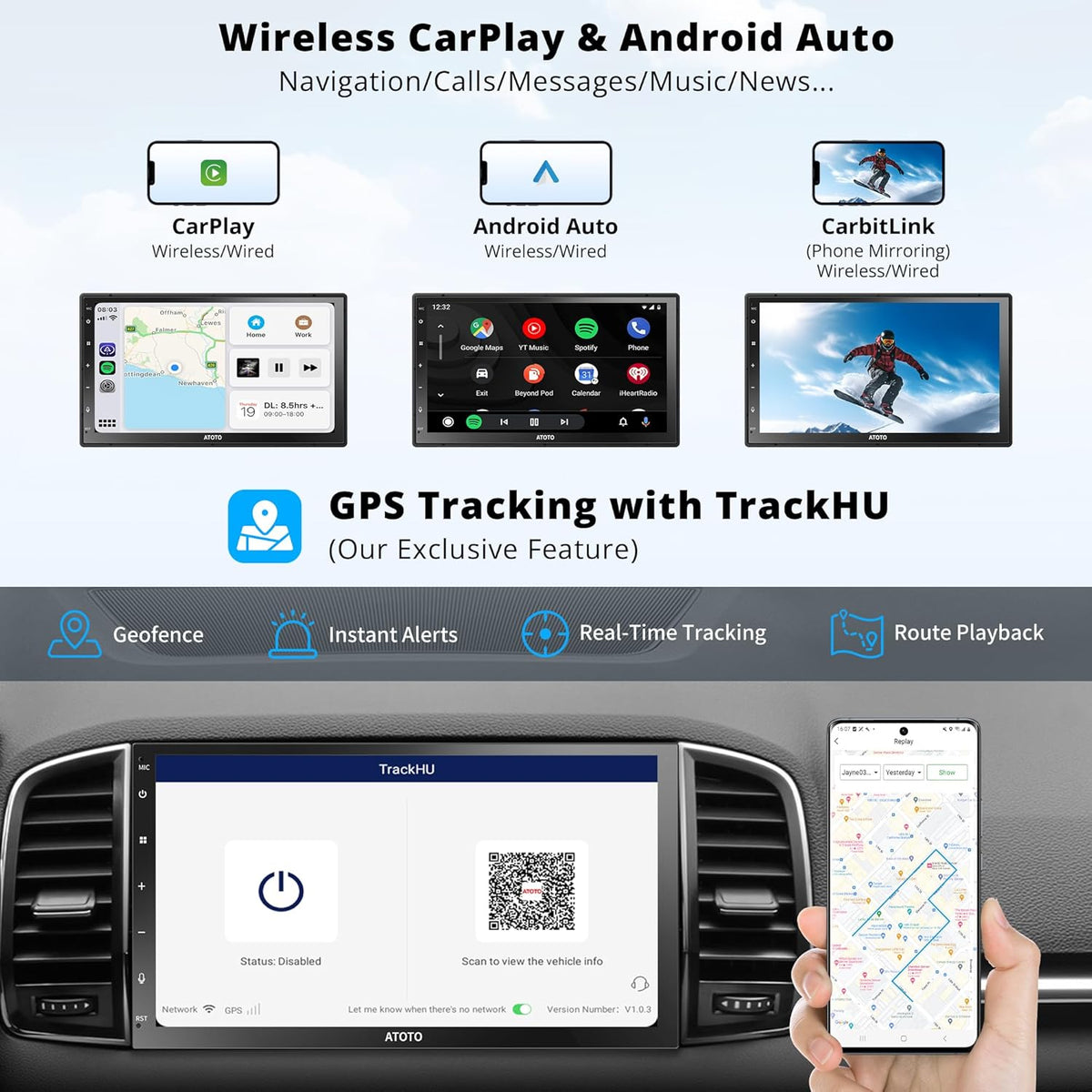 S8MS 7 inch QLED Autoradio 2 DIN Android met achteruitrijcamera, geïntegreerde 4G LTE, CarPlay en Android Auto Wireless, 8-Core 4G+32G, WiFi/BT/USB-tethering, dubbele BT, S8G2C74MS-S01