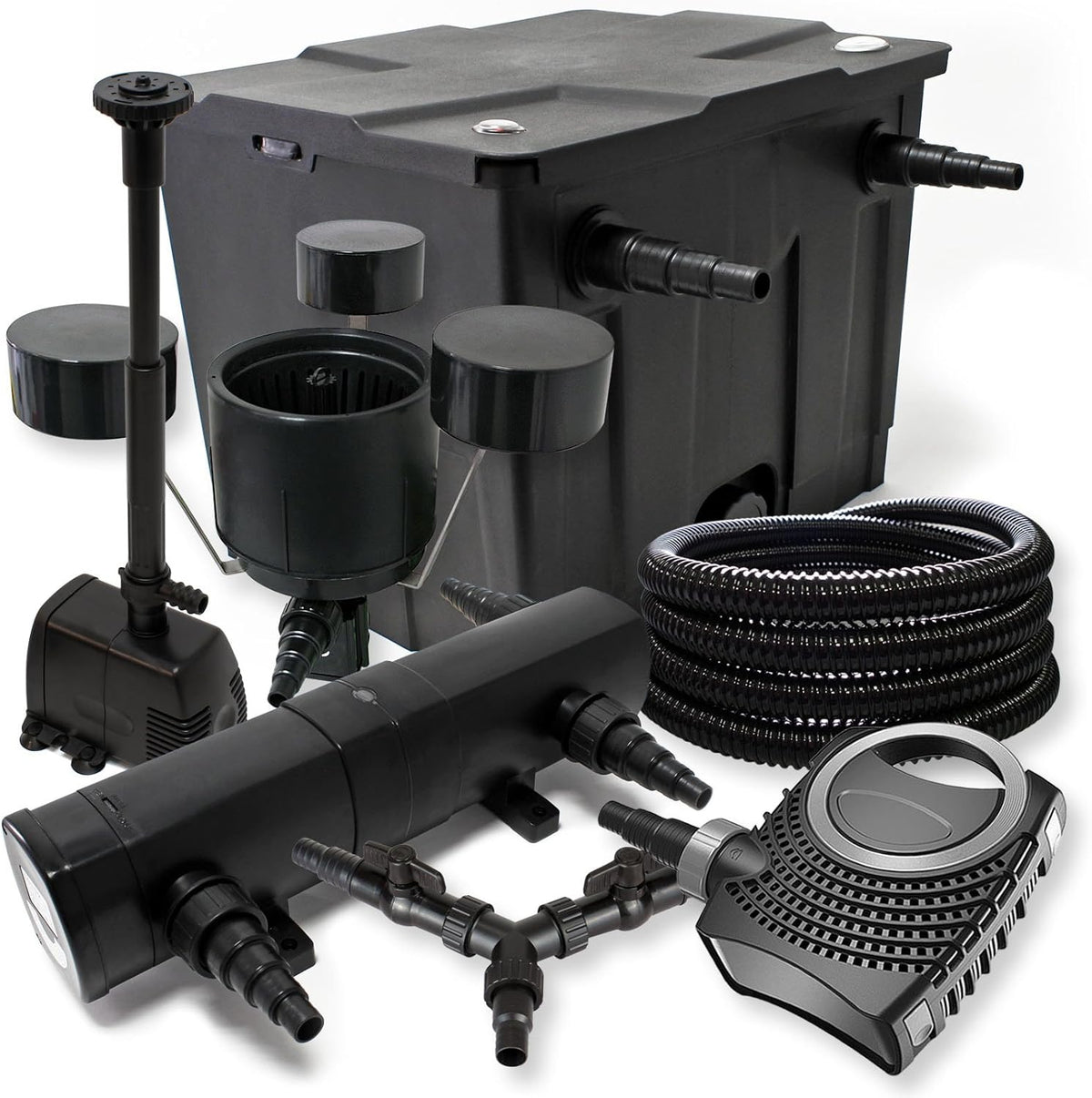 Filterset vijvers 12.000 l UVC 36W NEO8000 pomp 70 W slang 25 m skimmer CSP250 fontein