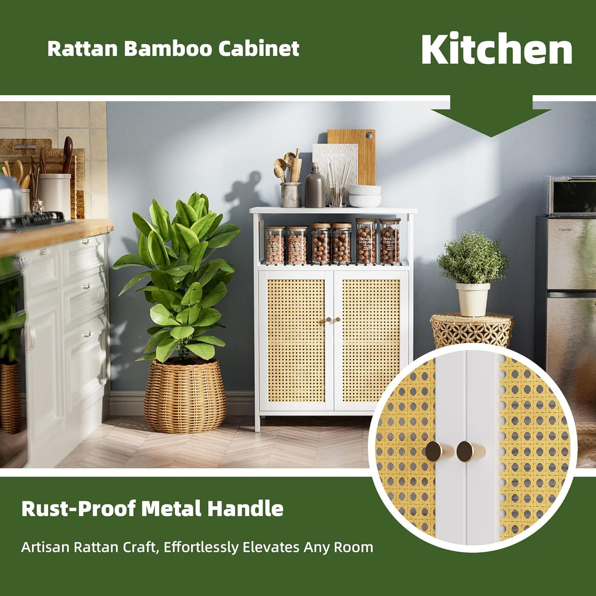 Bathroom Floor Stand Cabinet, Bamboo Storage Organizer Table with 2 Rattan Doors and 1 Shelf, Wooden Side Cabinet for Hallway, Laundry, Kitchen, Living Room (White)