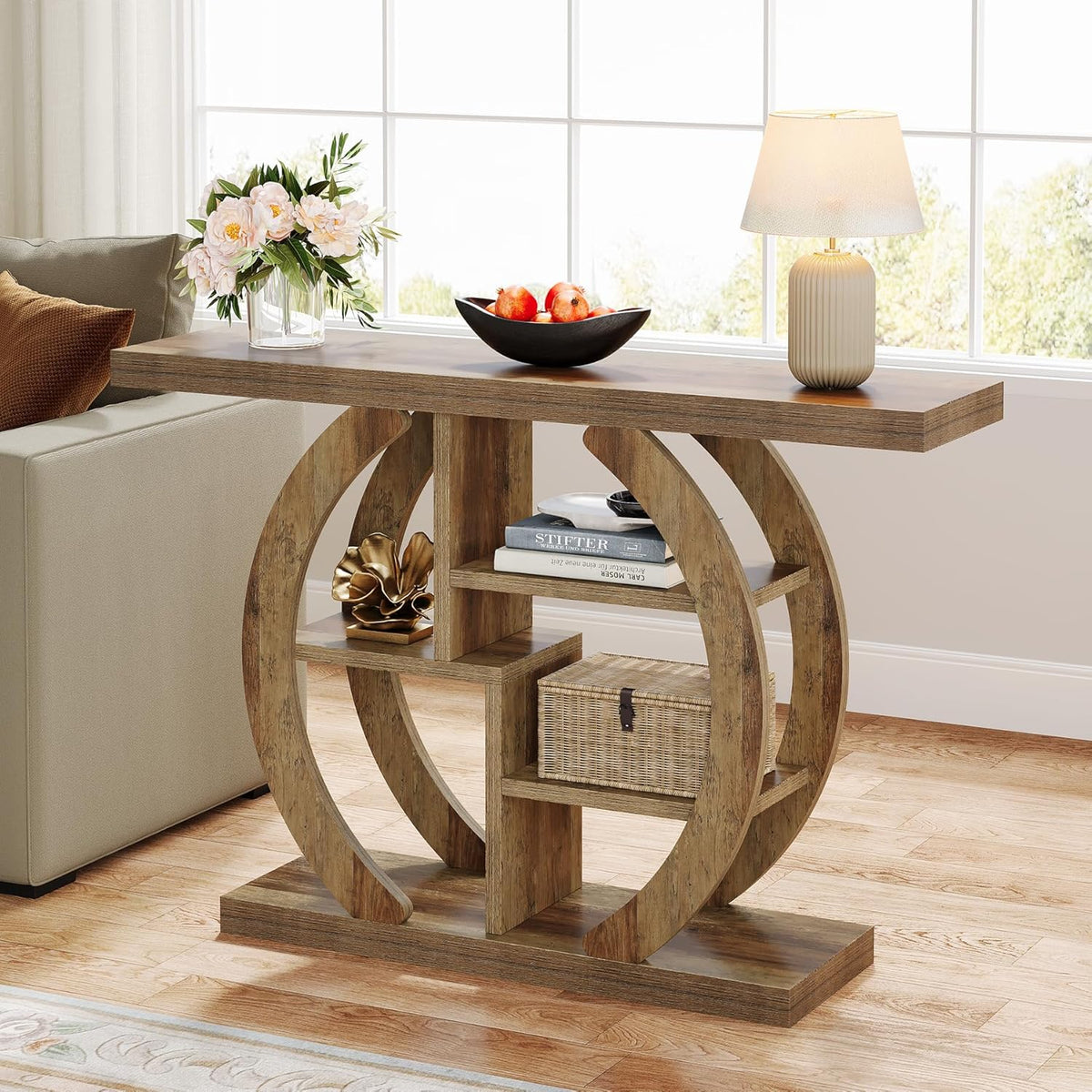 Tribesigns Console Table 108 cm, 4 Step Sofa Table, Entrance Table with Circle Base, Wooden Accent Tables with Storage, Shelves for Living Room, Hallway, Foyer, Light Oak Brown