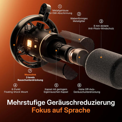 MAONO PD200W hybride podcast-microfoon voor pc, draadloos, USB en XLR, dynamische microfoonset met software, ruisonderdrukking, mute-schakeling, voor podcast, streaming, opnames, thuisstudio