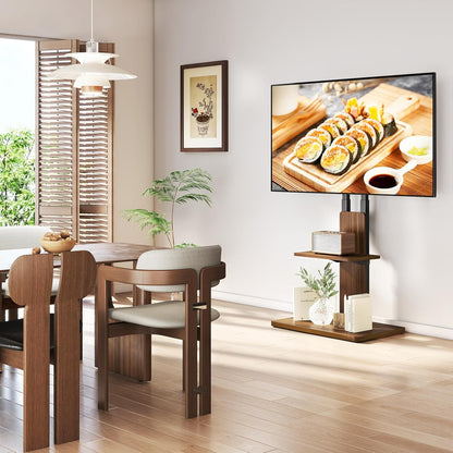 TVON TV vloerstandaard met verborgen wielen voor 32-70 inch tv's, in hoogte verstelbaar, tv-standaard tot 45 kg, met verstelbare houten plank, max. VESA 400 x 400 mm