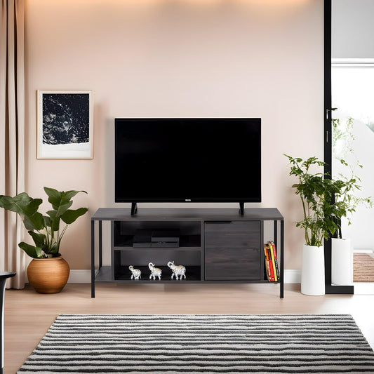 Hanah Home Industriële tv-standaard, donkerbruin en zwart, 120 cm x 48 cm x 35 cm, 100% melamine gecoat particle board, 18 mm dik, stijlvol en functioneel met cijferplanken