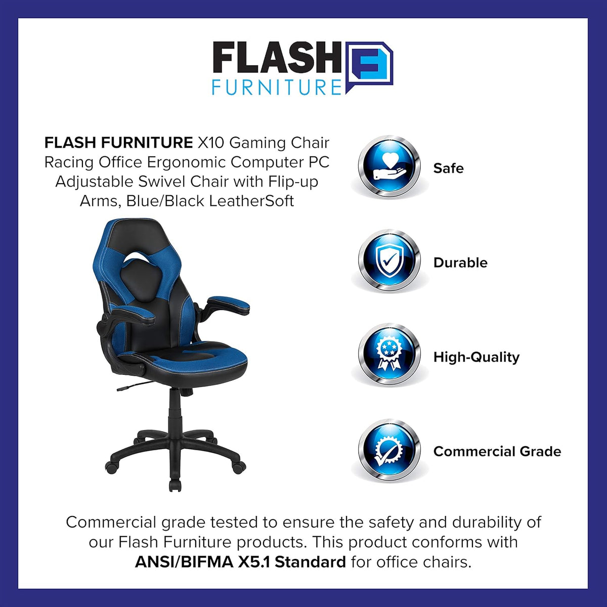 Flash Furniture X10 Gamingstoel, ergonomische bureaustoel voor pc- en gaming-setups, verstelbare gamerstoel met rugsteun, LeatherSoft, blauw/zwart - QUORE