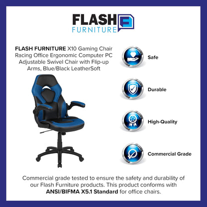 Flash Furniture X10 Gamingstoel, ergonomische bureaustoel voor pc- en gaming-setups, verstelbare gamerstoel met rugsteun, LeatherSoft, blauw/zwart - QUORE