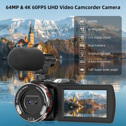 4K Camcorder – Videocamera – Vlogcamera – Videorecorder – YouTube Camera – 64MP 30FPS – 3 Inch 270° Flipscherm – 21X Digitale Zoom