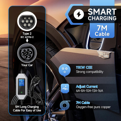 Oplaadkabel Type 2 – Laadkabel Elektrische Auto – EV Oplader – Mobiele Laadkabel – Type 2 Kabel – 11 kW 3-Fase – 7 Meter Met App-Bediening