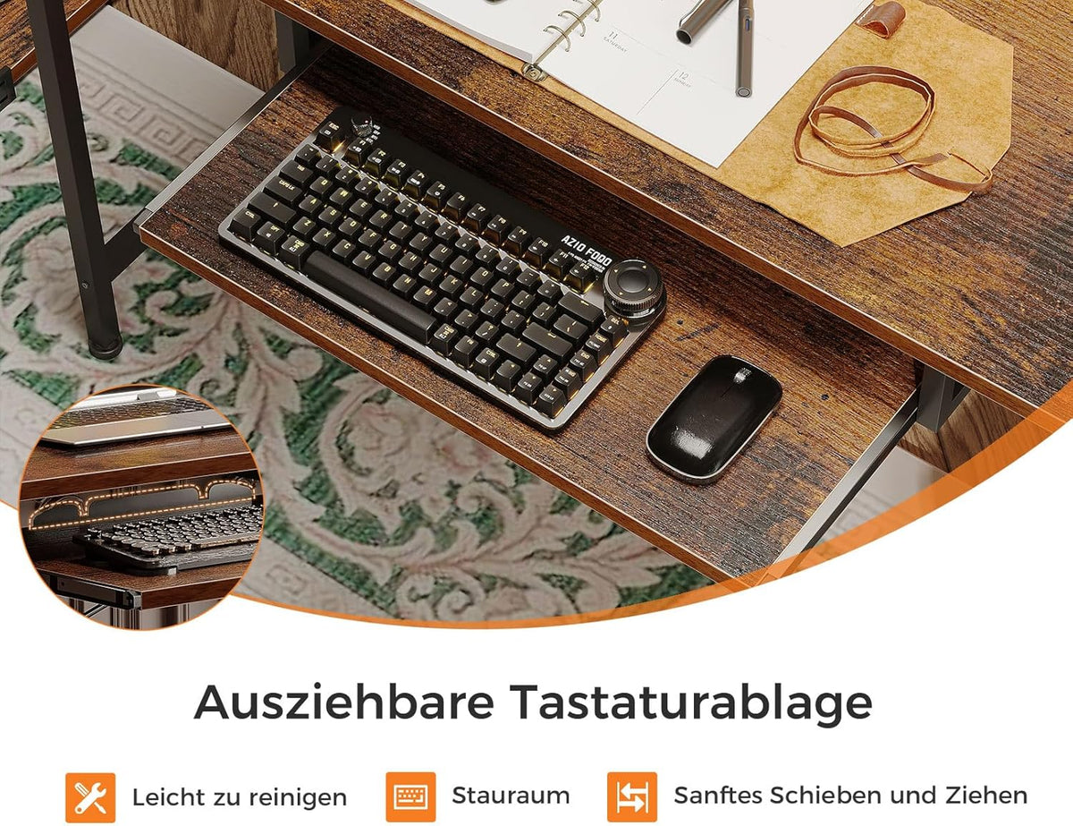 Colsehome Bureau met Laden, 140x48cm Omkeerbaar Computer Bureau met Stopcontact & USB, Gaming Tafel LED Licht, Toetsenbordlade & Monitorstandaard voor Kantoor, Slaapkamer, Bruin
