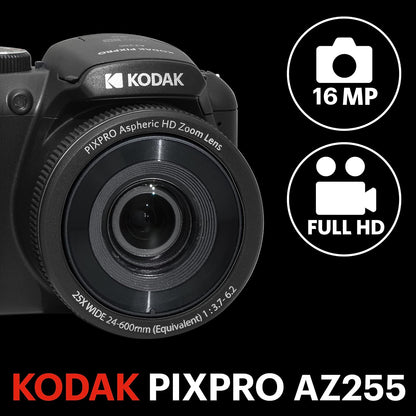 KODAK Pixpro Astro Zoom AZ255 + SD-geheugenkaart 32 GB - 16 MP digitale bridge camera, 25 x zoom, 1080p HD-video, 24 mm groothoek, LCD-display 3, AA-batterij, zwart