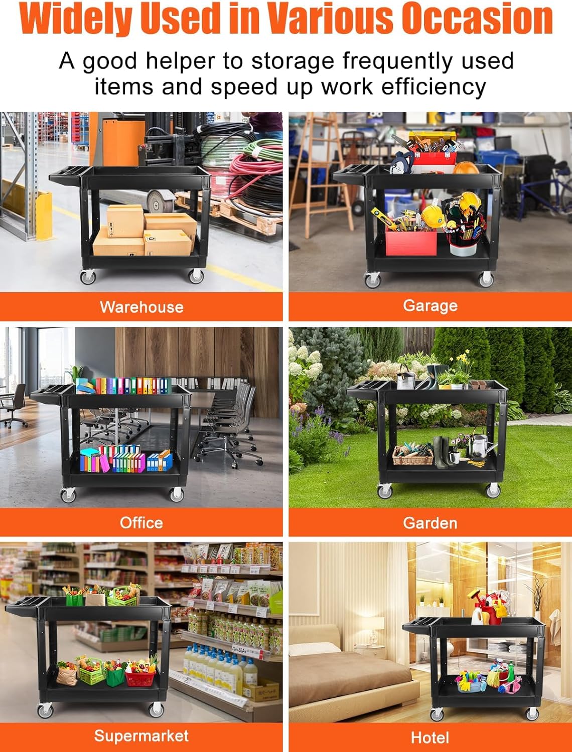 TOROKOM Zware multifunctionele wagen met 2 treden op wielen, 150 kg rolwagen, extra capaciteit, grote multifunctionele servicewagen, handvat, zwarte opbergorganizer, mobiele gereedschapswagen