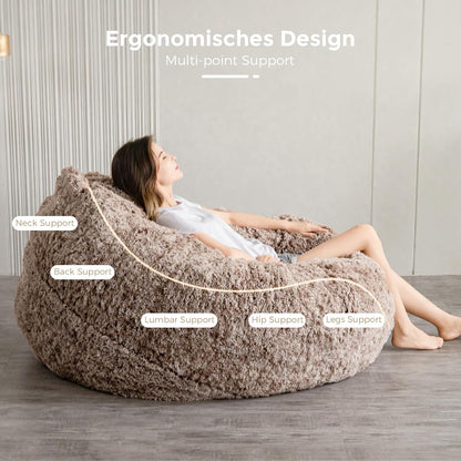 MAXYOYO Gigantische zitzakbed - ronde zitzakstoel - grote bank met lange hoes van imitatiebont en pluizige vulling inbegrepen voor volwassenen, stellen, gasten (koffiebruin, 150 x 150 cm)