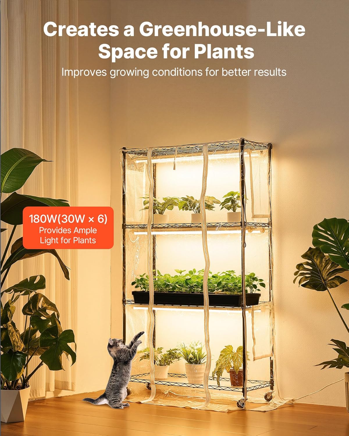 VEVOR Indoor Greenhouse with Grow Lights, Plant Stand with 4 Levels, Display Height 150 cm with Transparent Cover, Timer and Hygrometer, 180 W Full Spectrum Attachment Lights - QUORE