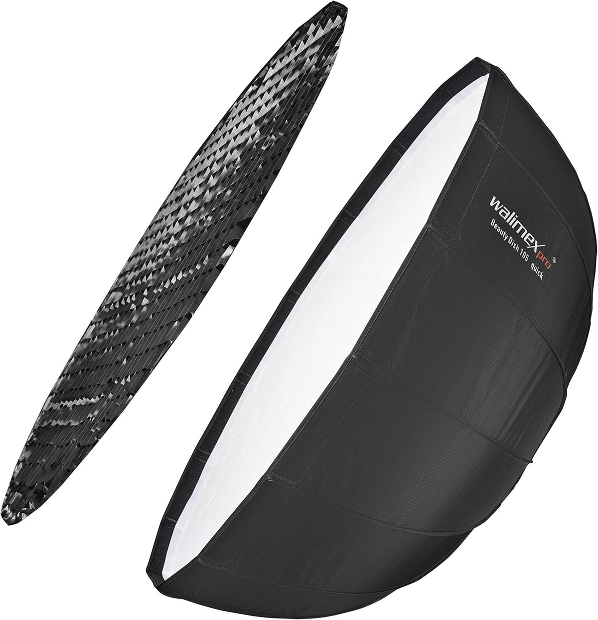 Walimex pro Studio Line Beauty Dish Softbox QA105 – Beauty Dish lichtvormer, 105 cm Ø, 46 cm diep, opvouwbaar, met rooster, binnen- en buitendiffuser, voor Speedlite opsteekflits, studioflits, 22456
