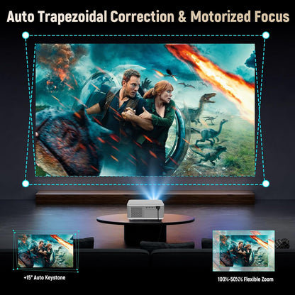 Mini-projector met WIFI 6 en Bluetooth, 4K 1080P Ondersteuning Draagbare Projector 200 ''Screen Movie Projector Auto Keystone Compatibel voor Laptop, PC, Smartphone