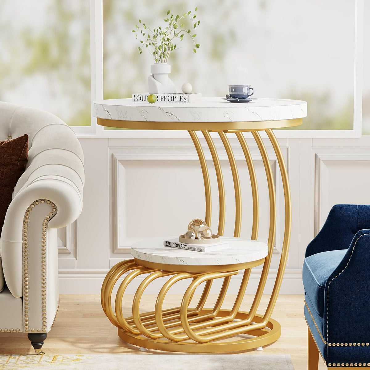 Tribesigns Golden Round Side Table: 2-stage side table in set of 2 with storage compartment, modern bedside table in white gold, accent table made of metallic imitation marble for the living room (1 pc.)