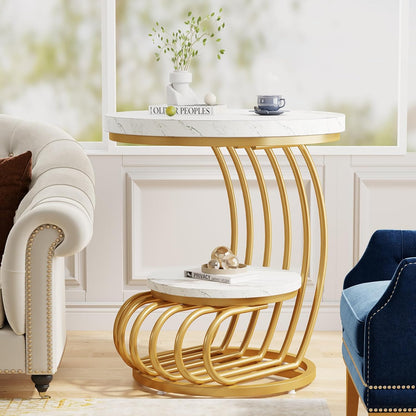 Tribesigns Golden Round Side Table: 2-stage side table in set of 2 with storage compartment, modern bedside table in white gold, accent table made of metallic imitation marble for the living room (1 pc.)