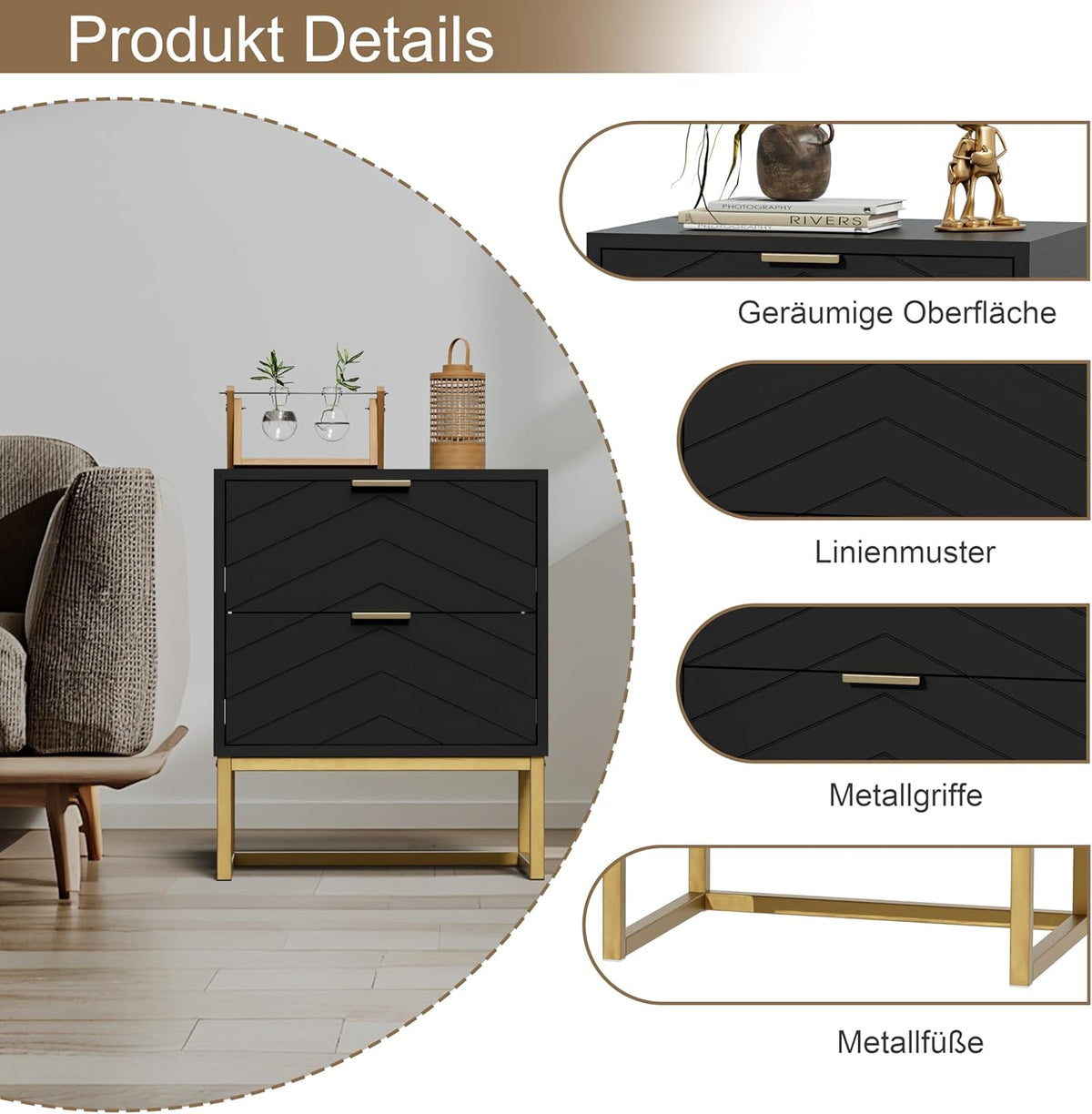 Nachtkastje – Nachtkastjes – Bijzettafel – Opbergkast – Ladekast – Set van 2 – Met 2 Lades – Hoogwaardig MDF Met Metalen Poten
