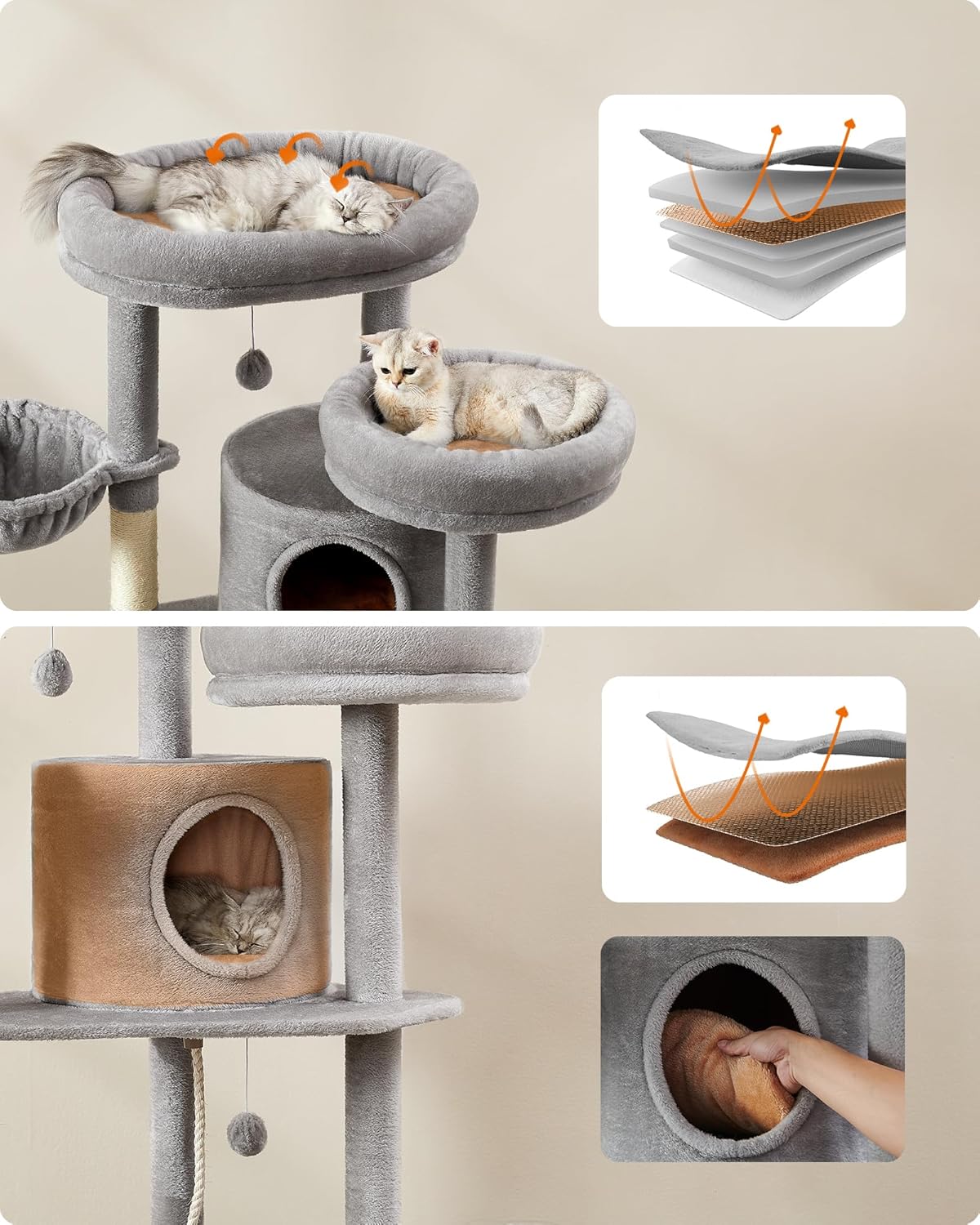 Feandrea krabpaal groot, XXL, 196 cm hoog, meerdere verdiepingen kattenboom met 2 grote platforms, 3 grotten, 2 ligbedden, 5 krabpalen, 4 pluche ballen, kattenborstel, tunnel, lichtgrijs PCT153W01