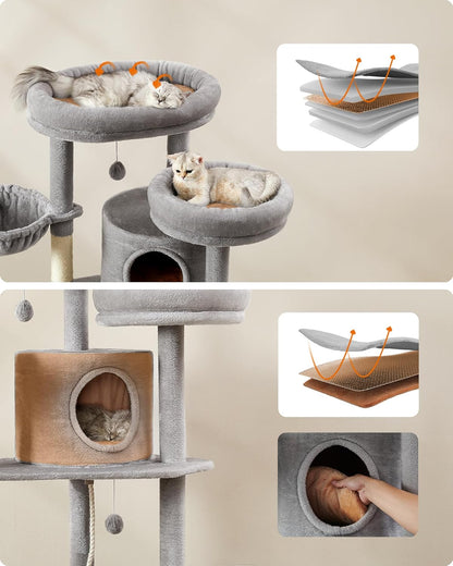 Feandrea krabpaal groot, XXL, 196 cm hoog, meerdere verdiepingen kattenboom met 2 grote platforms, 3 grotten, 2 ligbedden, 5 krabpalen, 4 pluche ballen, kattenborstel, tunnel, lichtgrijs PCT153W01