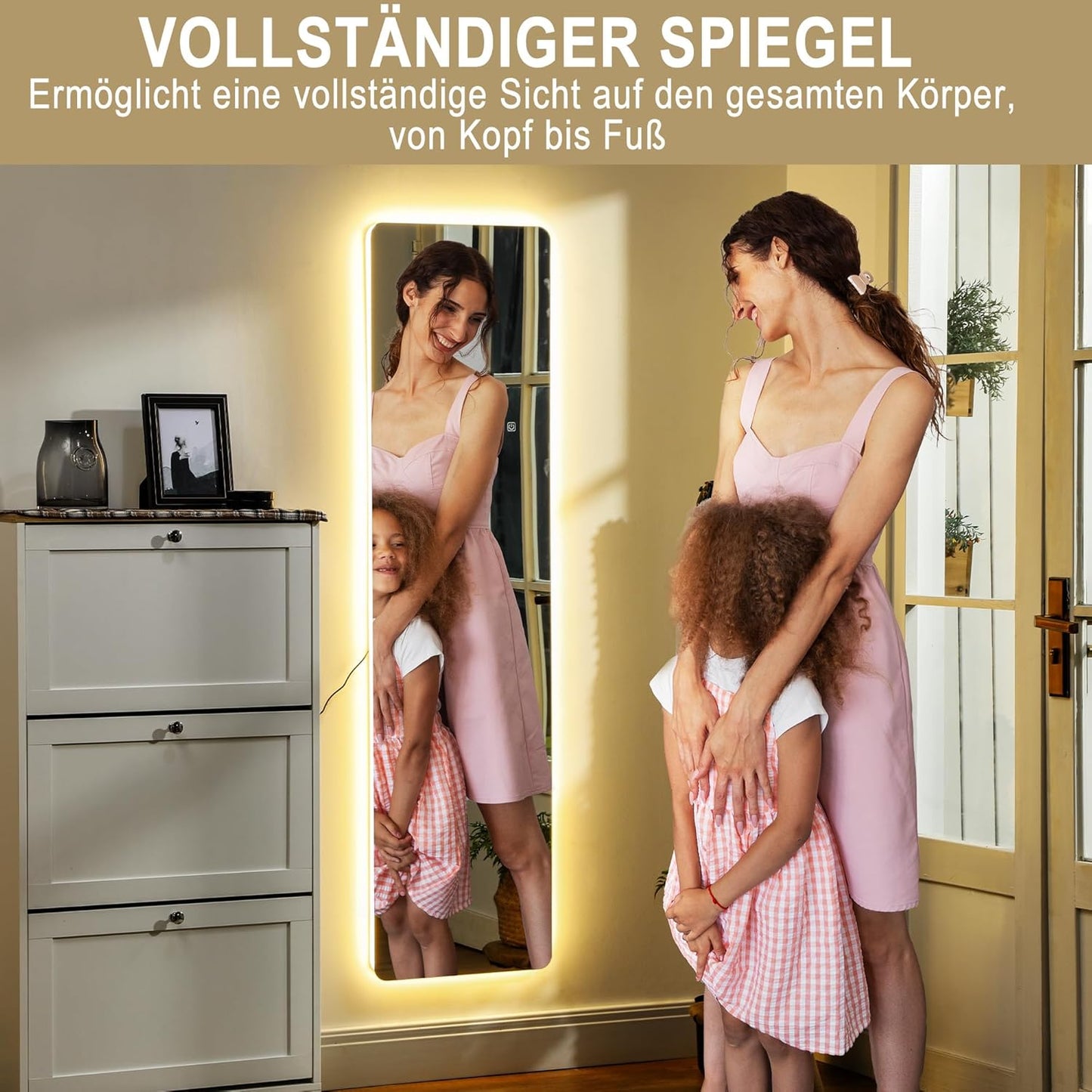 HOMCOM Ganzkörperspiegel 150 x 40 cm Standspiegel mit LED-Beleuchtung, 3 Lichtfarben, Wandspiegel mit Ständer, Touch-Schalter für Schlafzimmer, Wohnzimmer, Transparent - QUORE