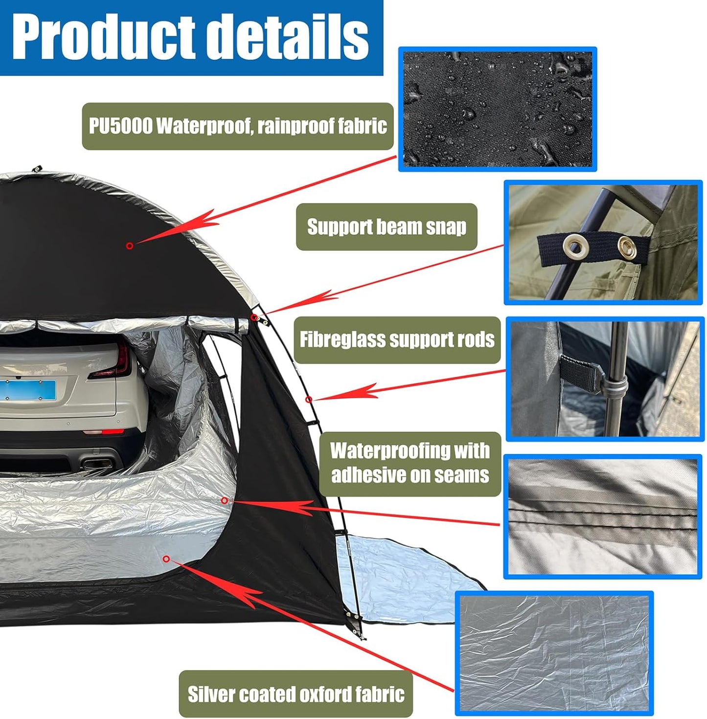 Luifeltent voor auto, 300 x 150 x 210 cm, achterkleptent, auto, geschikt voor 2-3 personen, autotent, achterklep, auto, waterdicht, zonwering