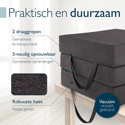 Beautissu Premium L Vouwmatras 75x195 cm inkl. Hoes Wasbar – Opvouwbaar Gastenmatras Logeermartas Extra Dik 14 cm Traagschuim Matras H3 – Eenvoudig Transport & Hoog Slaapcomfort – Antraciet