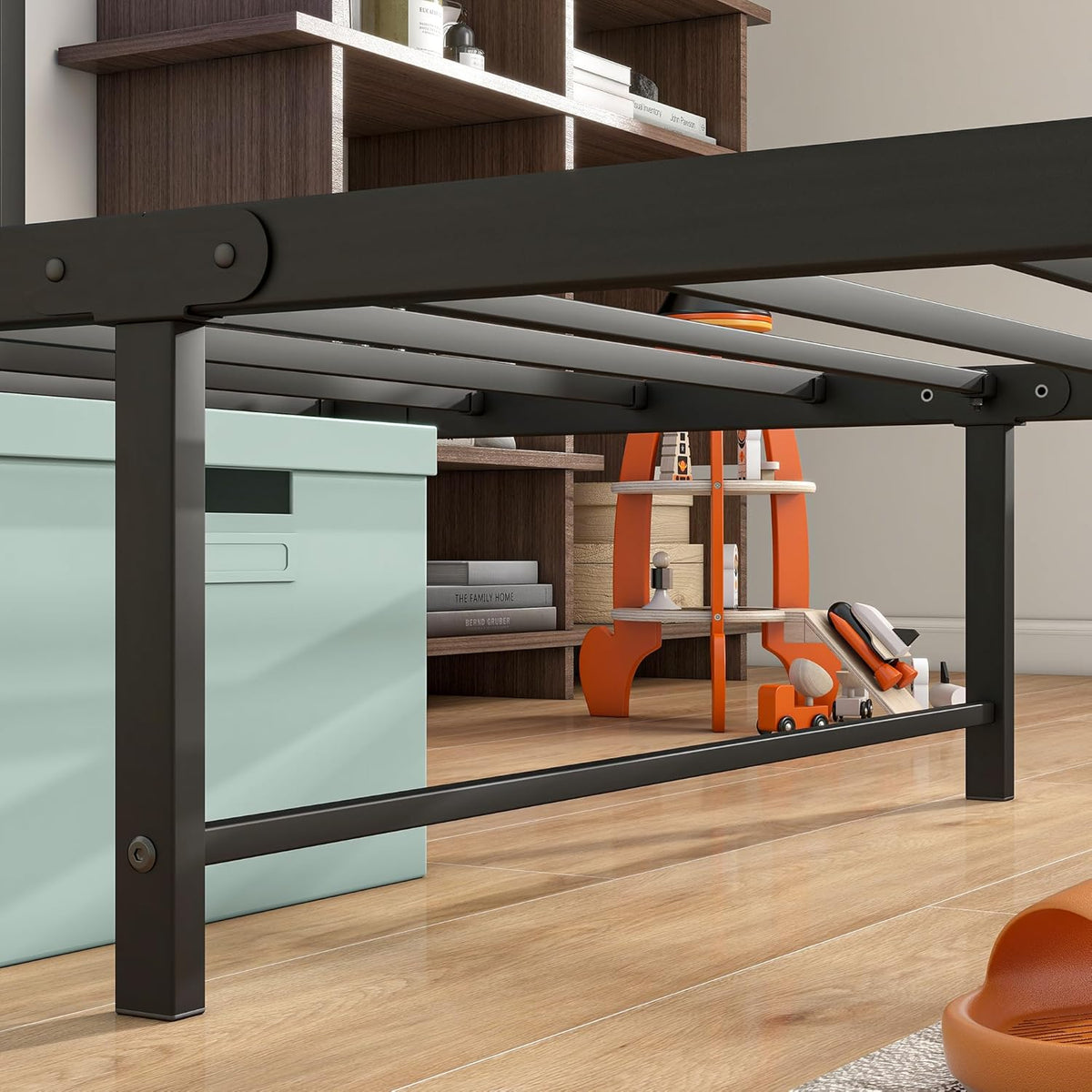 Bed van metaal en hout, 90 x 200 cm, met lattenbodem, USB-oplaadfunctie type C, hoofdeinde met opbergruimte, voor gasten of jongeren, zwart