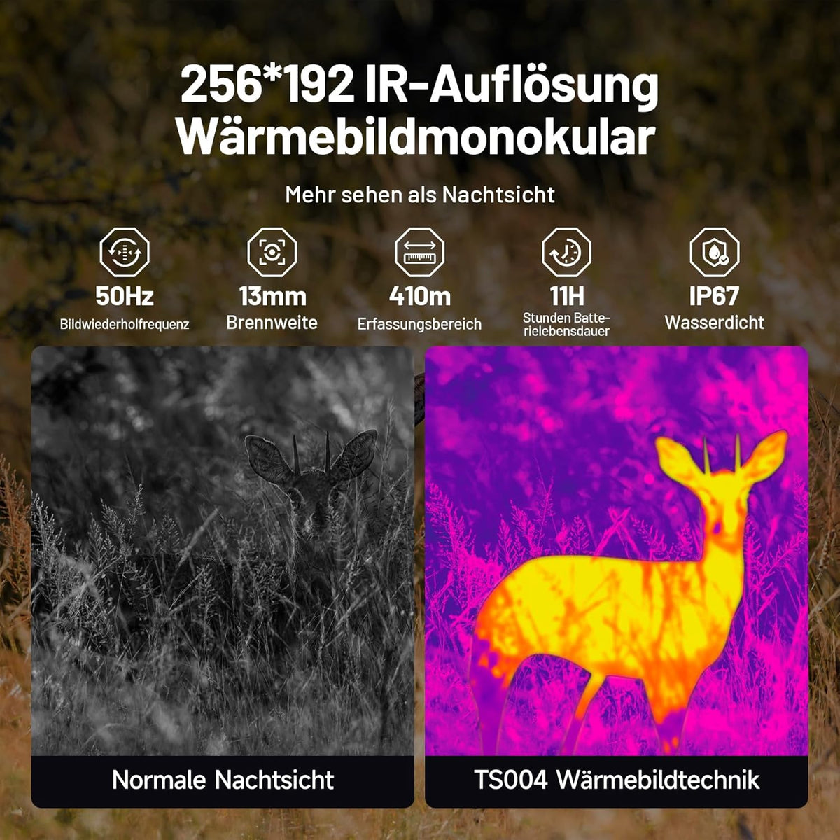 TOPDON TS004 warmtebeeldcamera jacht, 256 x 192 IR-resolutie, 50 Hz, 13 mm lens, 11 uur looptijd, 410 m detectiebereik, 8 x zoom, 32 GB