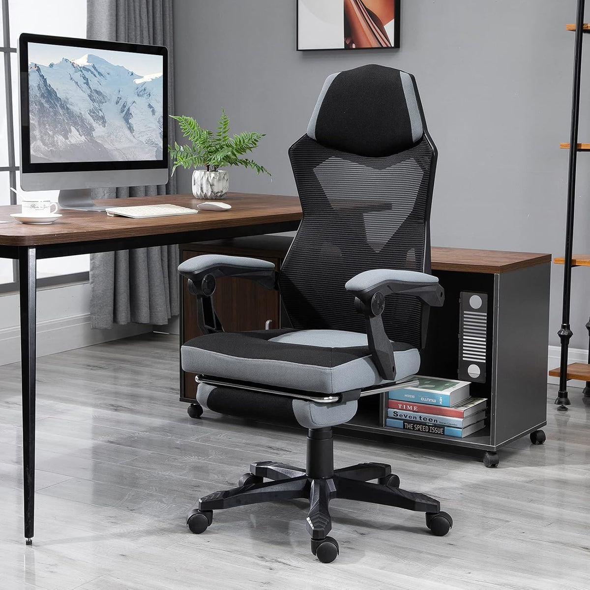 Vinsetto Bureaustoel, gamingstoel, in hoogte verstelbaar, rugleuning met zwenkwielen, voetsteun, netstof, 58 x 63 x 112-122 h cm, grijs/zwart