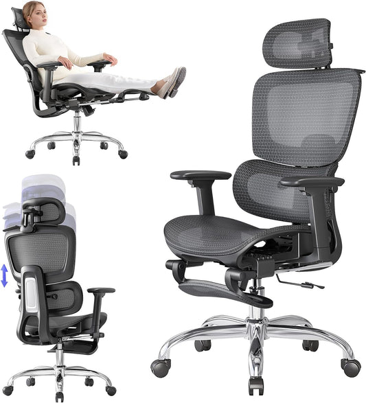 Ergonomic Office Chair with Footrest - 5-Zones Adjustable Backrest, 2D Lumbar Support, 3D Arm/Headrest, 145° Tilt + Breathable Net for Office/Home/Study, Black - QUORE