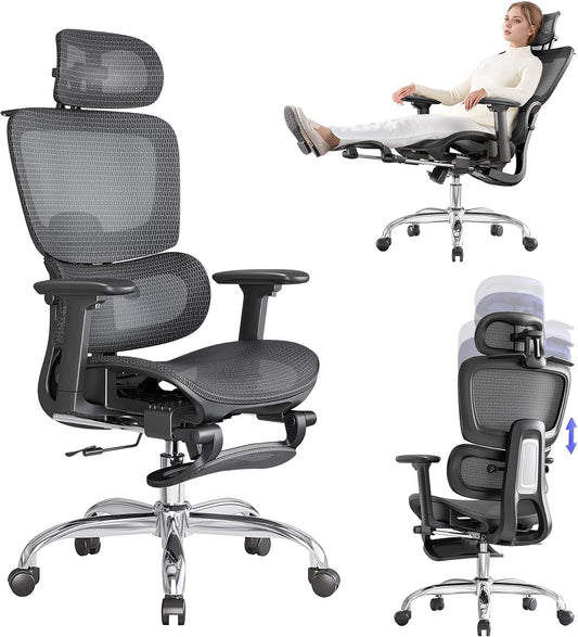 Ergonomische Bureaustoel met Voetensteun - 5-Zones Verstelbare Rugleuning, 2D Lendensteun, 3D Arm-/Hoofdsteun, 145° Kantelfunctie + Ademend Net voor Kantoor/Thuiswerk/Studie, Zwart