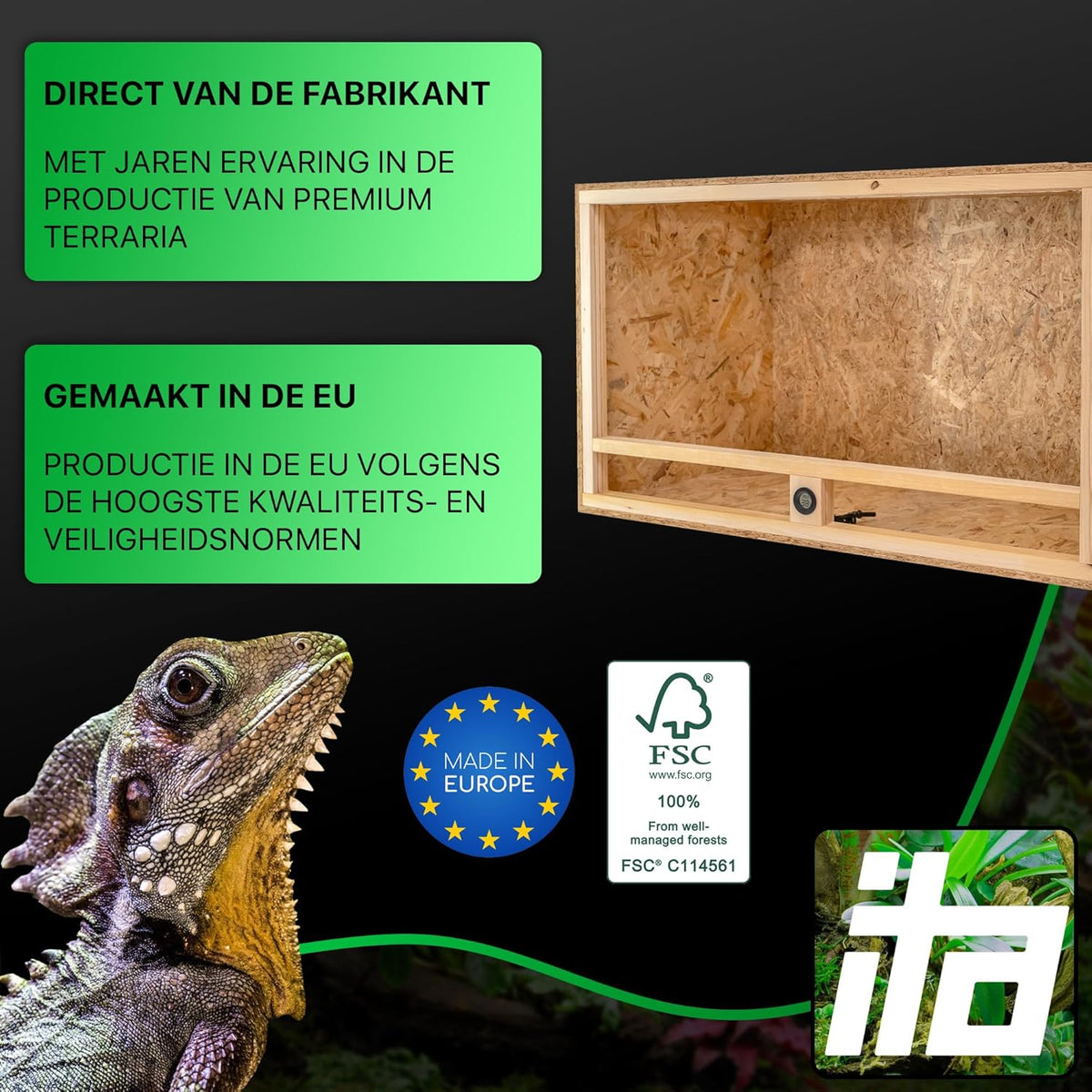 ITA Houten Terrarium 100x60x60 cm met Open Dak & Ingebouwde Hygrometer - Houten terrarium van OSB-3 platen - Voor reptielen, slangen, amfibieën - EU Product, FSC gecertificeerd