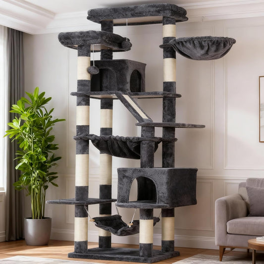 Heybly Cat Scratching Tree, 180cm Tall Cat Gate for Domestic Cats with 2 Platforms, 2 Large Sleeping Houses, 2 Hammocks, Basket and Scratching Plate, Large Cat Furniture with Sleeping Place, Beige - QUORE