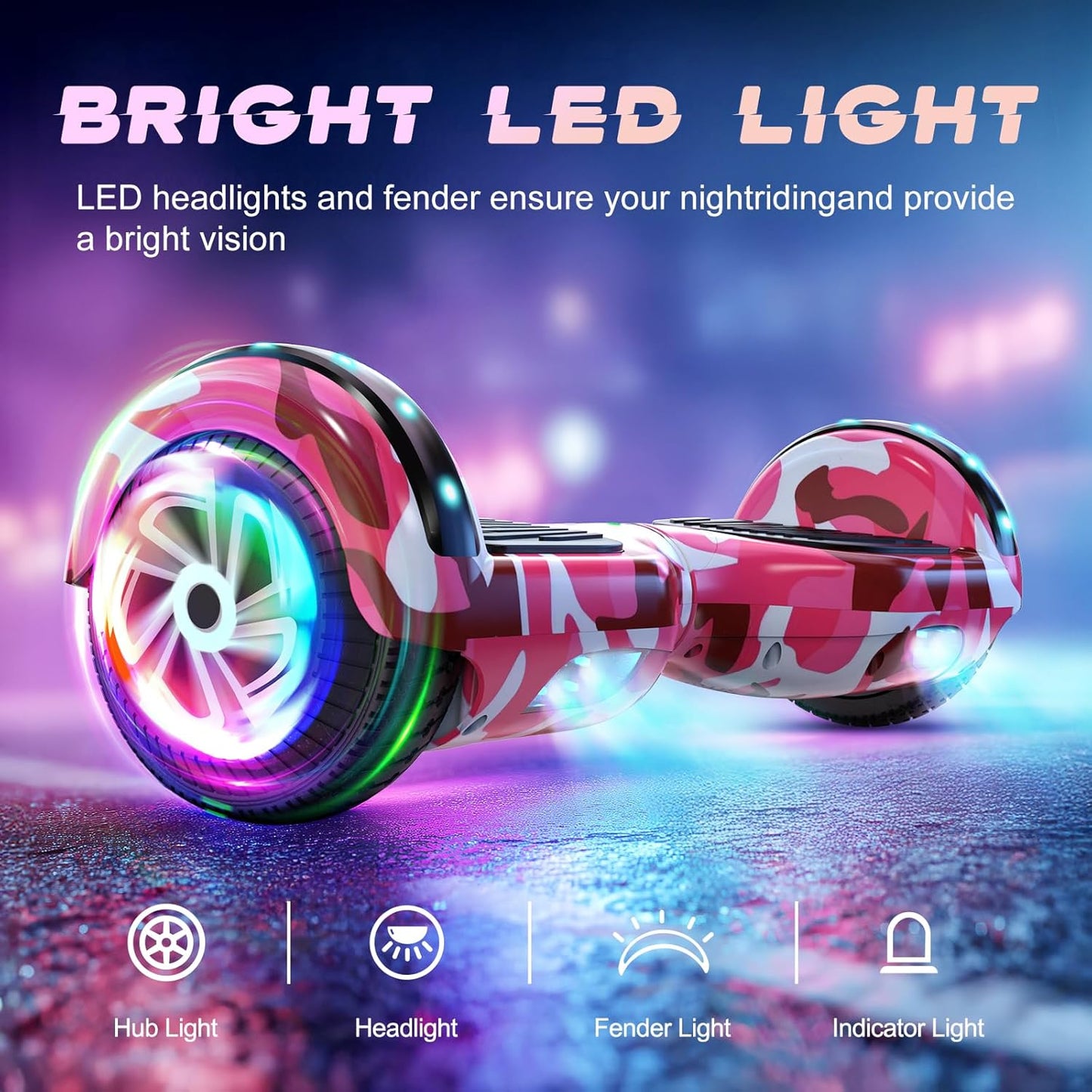 SISIGAD 6,5 inch hoverboard met Bluetooth-luidspreker, zelfbalancerende scooter, motor met gekleurde lampjes en LED-verlichting，Roze camouflage