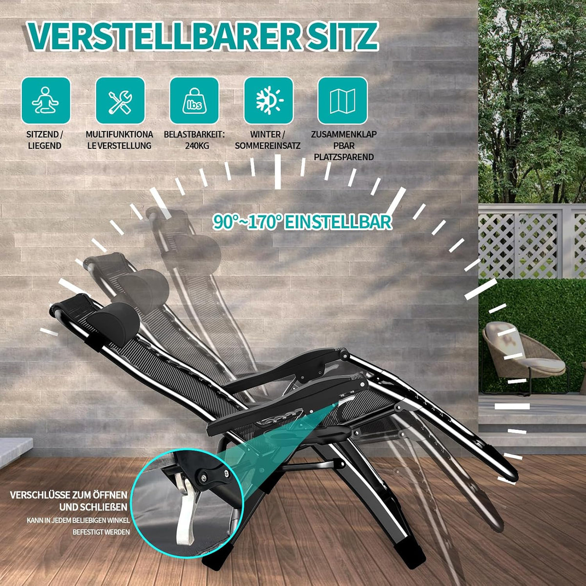 Ligstoel inklapbaar zonnebed met afdekking, ligstoel voor lunchpauze, belastbaar, 240 kg, verstelbaar, rugleuning tuinstoel, ergonomisch en ademend