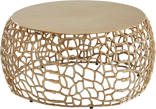Salontafel – Bijzettafel – Woonkamertafel – Koffietafel – Ronde Tafel – Goudkleurig Aluminium – Uniek Handgemaakt Design – Afmetingen 66x66x30 cm - QUORE