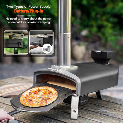 Mimiuo Wood Pellet Pizza Oven met Automatisch Draaisysteem, Draagbare Pizzaoven met 33cm Pizzasteen, Outdoor Pizzaoven voor Picknick Feest Vamping, Zwart