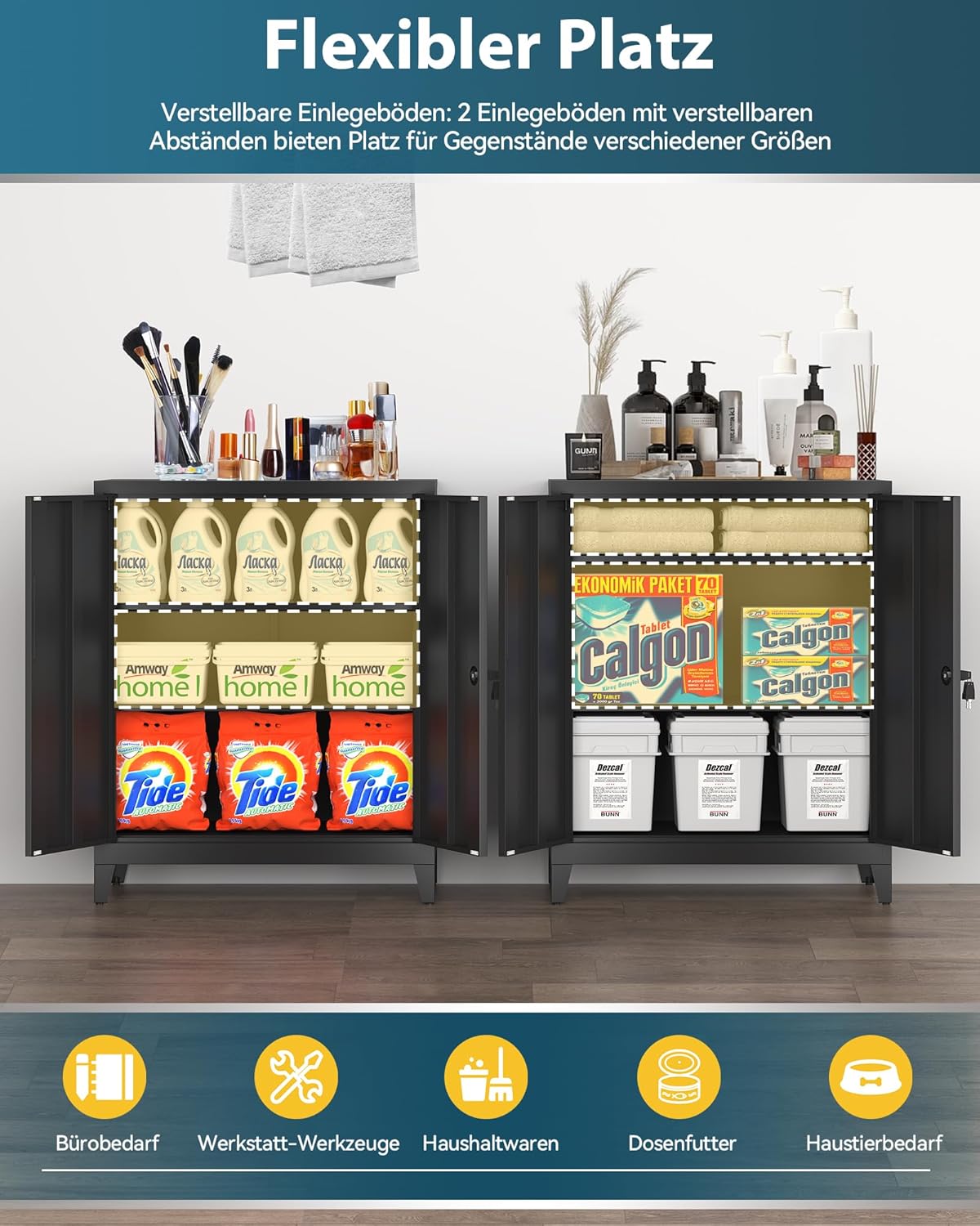 Dossierkast, afsluitbare garagekast, 2-laags kantoorkast, werkplaatskast met verstelbare planken, voor kantoor, garage en huishoudkamer, 40 x 80 x 100 cm, Zwart