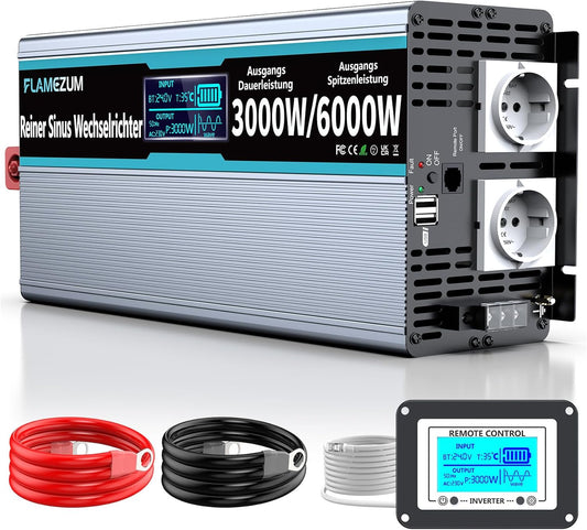 3000W Zuivere Sinus Omvormer 24V naar 230 V Spanningsomvormer Power Omvormer Converter met LCD-scherm,Afstandsbediening,2 EU AC-Stopcontacten & 2 USB-poorten Voor Auto, Caravan,Boot, Camping