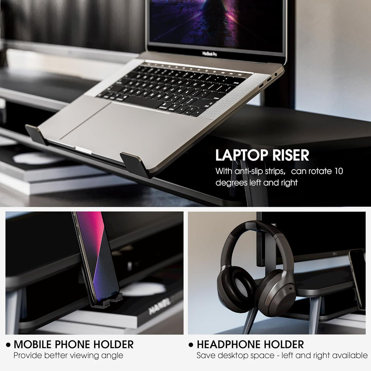 Fenge Monitor Stand, Dual Monitor Riser voor 2 monitoren met verstelbare Laptop Riser, 108cm Desk Organizer met Pad / Hoofdtelefoonhouder Max Belasting 50KG (Zwart)