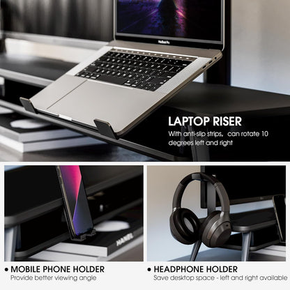 Fenge Monitor Stand, Dual Monitor Riser voor 2 monitoren met verstelbare Laptop Riser, 108cm Desk Organizer met Pad / Hoofdtelefoonhouder Max Belasting 50KG (Zwart)