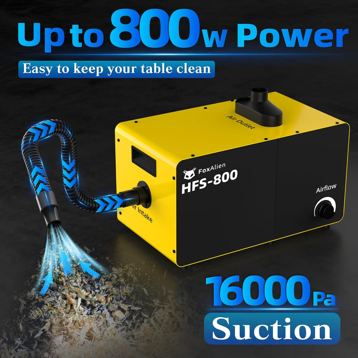 FoxAlien 800W Desktop Stofafscheider HFS-800 met stofafscheider voor CNC-zagen houtbewerking, luchtfiltersysteem met HEPA- en koolstoffilter, luchtstroom instelbaar (220V)