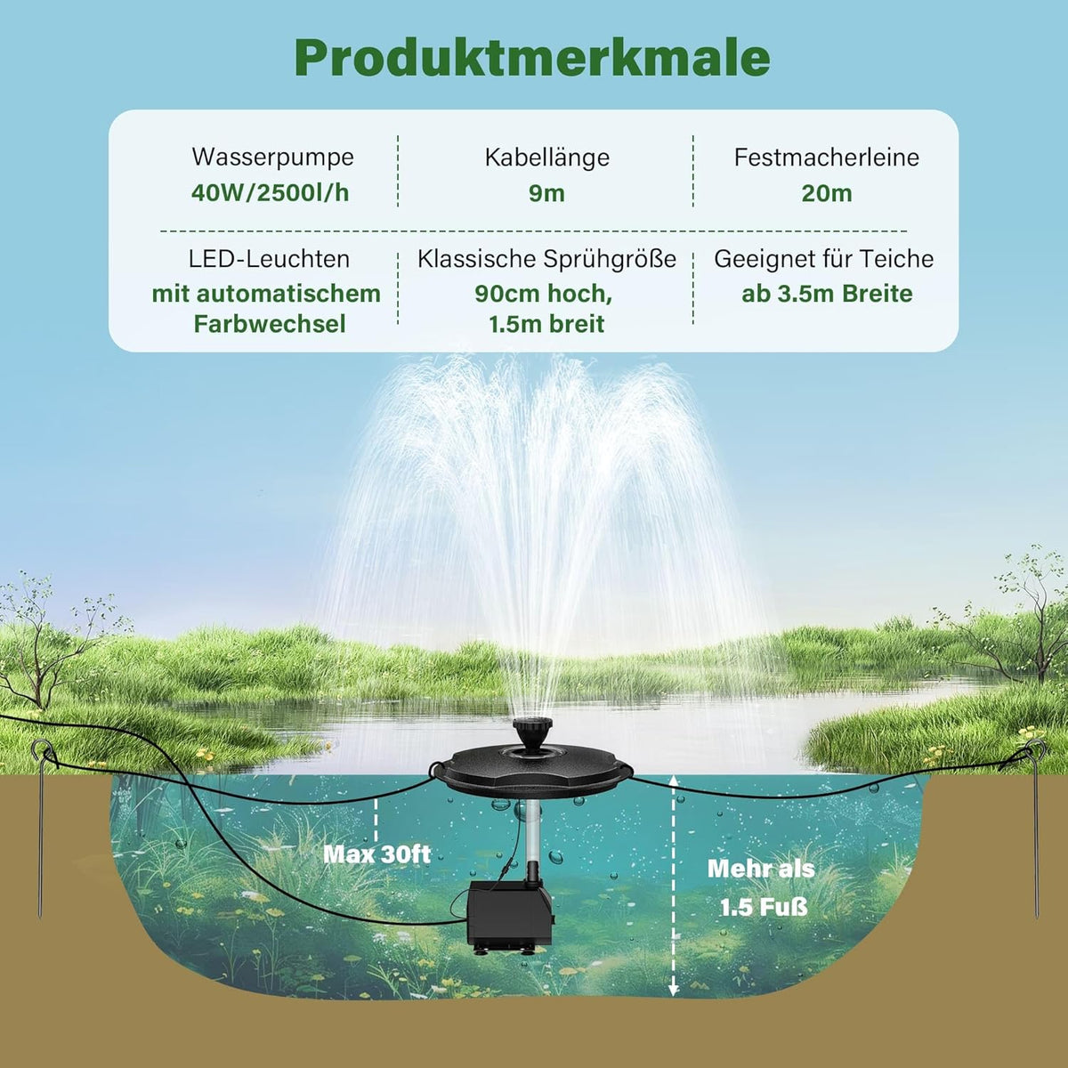 Biling Drijvende fontein met ledverlichting voor grote tuinvijver, vijverfontein met 2500 l/h pomp, 9 m kabel met EU-stekker, waterspel met 3 fonteinmodi (vorstbestendig)