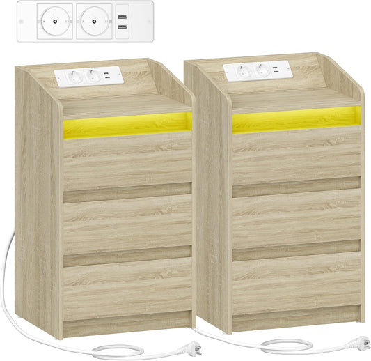 Hzuaneri Bedside Table Set of 2 with 3 Drawers, Side Table with Charging Base and LED, 2 AC Sockets and 2 USB Ports for Bedroom, Living Room, Oak Colors NS40116X